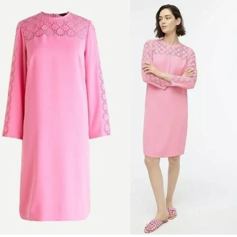 NWT JCrew REEVES Pink Long Sleeve Dress with Lace Accents. Crepe
